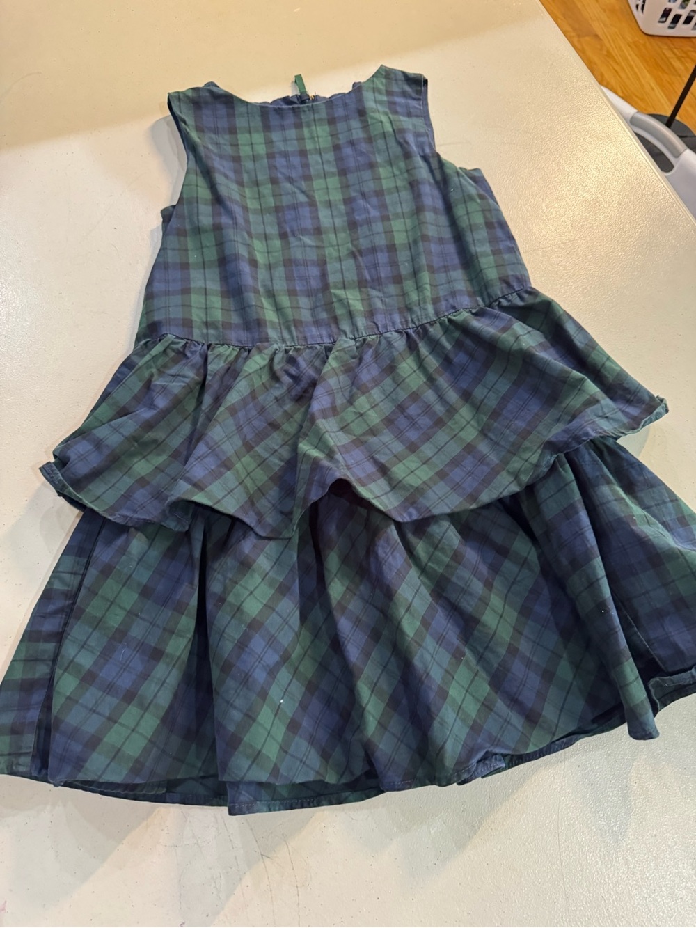 Girls Sleeveless Green & Navy Plaid Tiered Dress